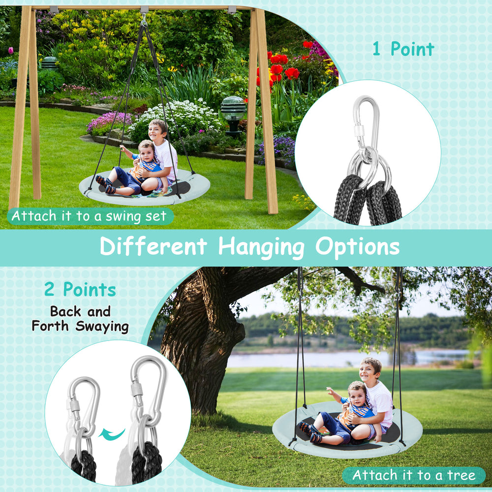 40-inch saucer tree swing with adjustable ropes, made of 900D Oxford fabric, suitable for outdoor fun and easy assembly.