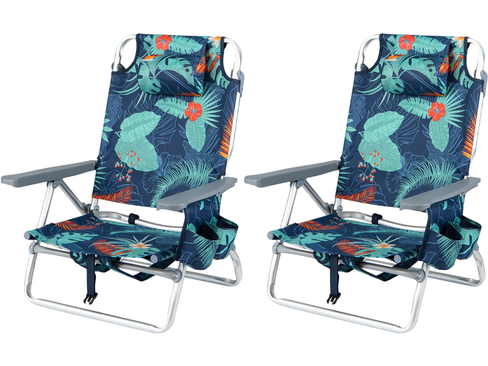 Set of 2 portable folding beach chairs with tropical print, 5-position backrest, and padded headrest for outdoor.