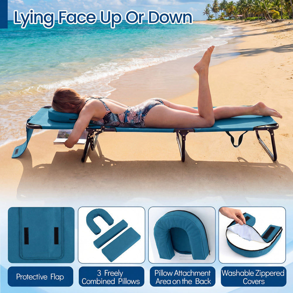 Beach chaise lounge chair in blue with face hole, adjustable backrest, and detachable pillows for versatile sunbathing.
