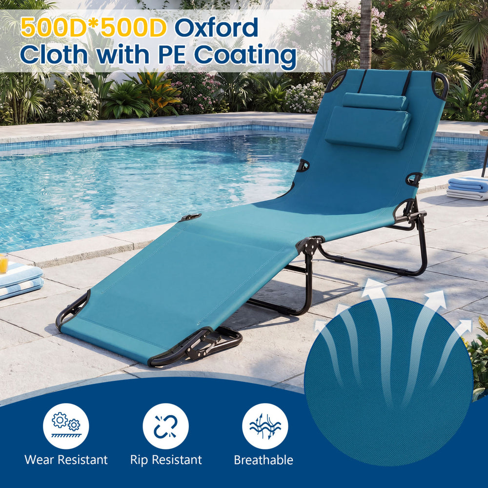 Beach chaise lounge chair in blue with adjustable backrest, removable pillows, and face hole for sunbathing by the pool.