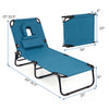 Blue beach chaise lounge chair with adjustable backrest, face hole, and removable pillows, perfect for sunbathing and.