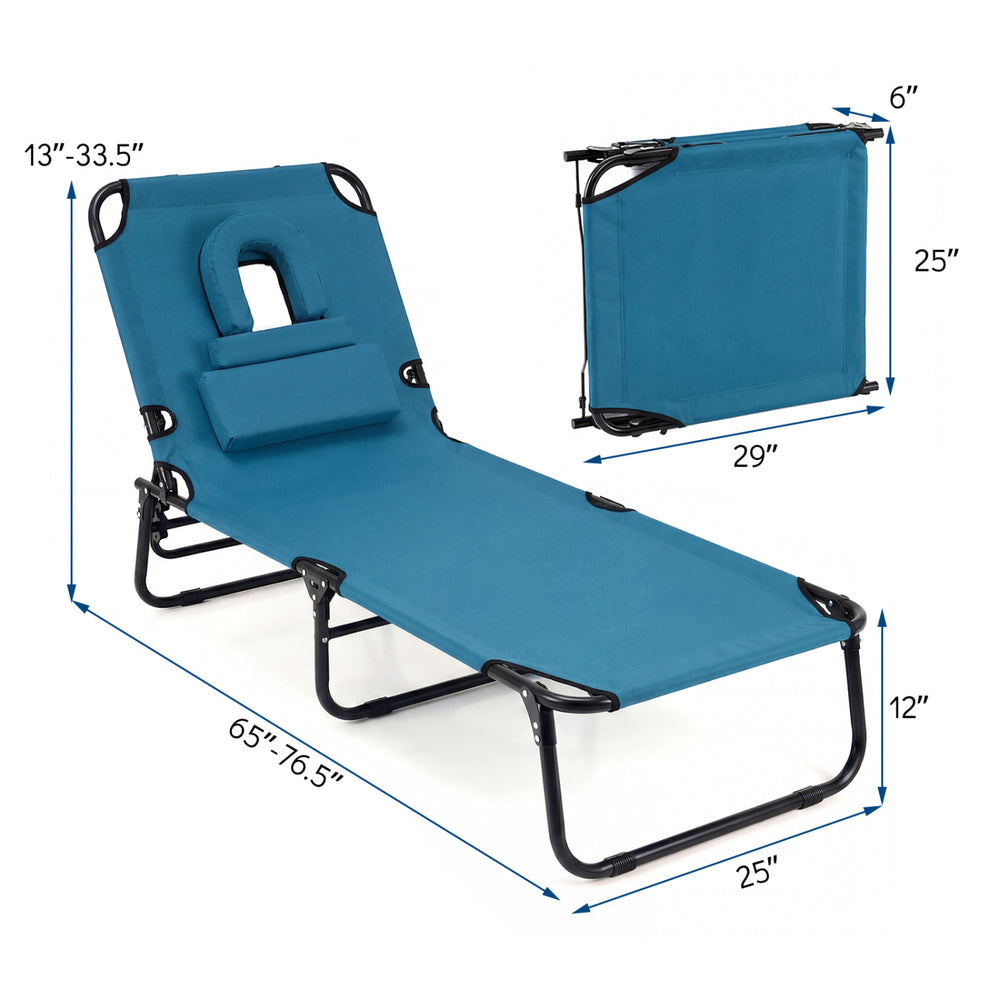 Blue beach chaise lounge chair with adjustable backrest, face hole, and removable pillows, perfect for sunbathing and.