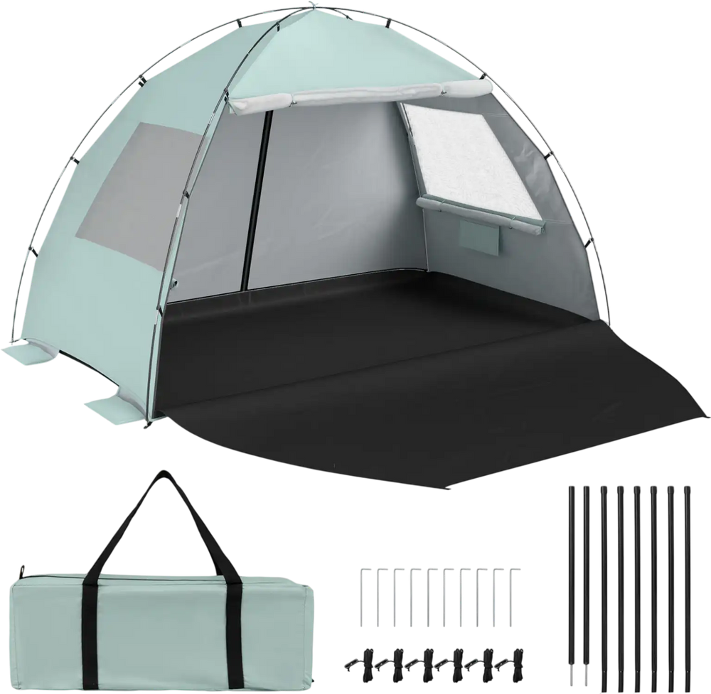 Beach tent sun shelter in green with UPF50+ protection, spacious interior, and extended canopy for family comfort.