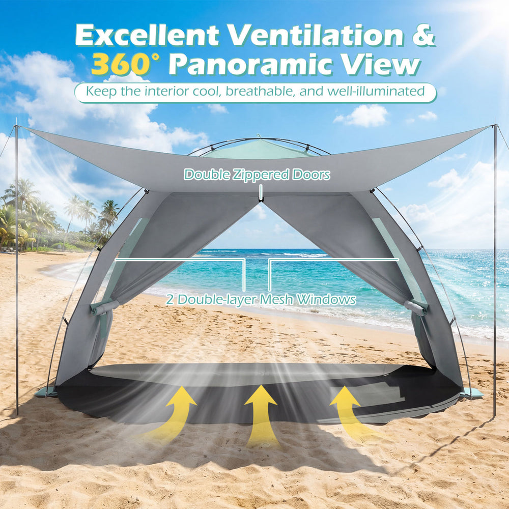 Beach tent sun shelter with double-layer mesh windows and UPF50+ protection, ideal for family outings on the beach.