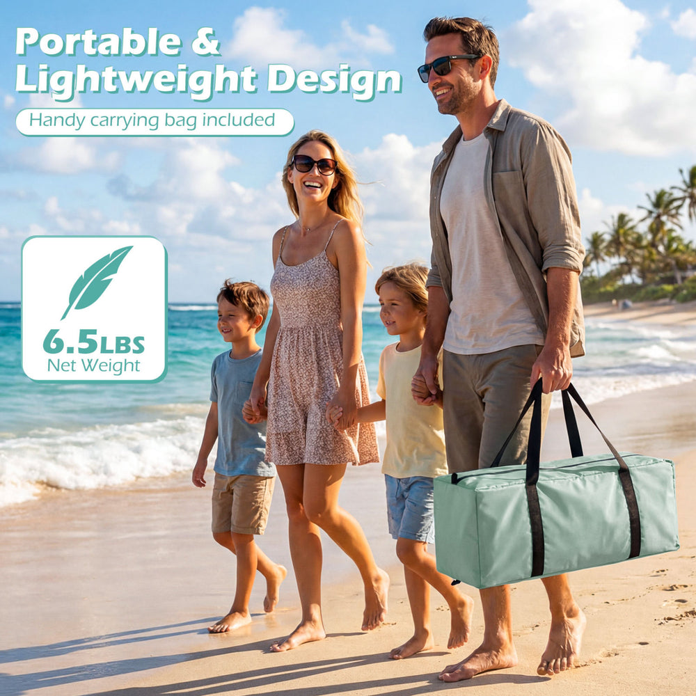 Beach tent sun shelter in green, portable design with UPF50+ protection, spacious for 5-6 people, includes carrying bag.