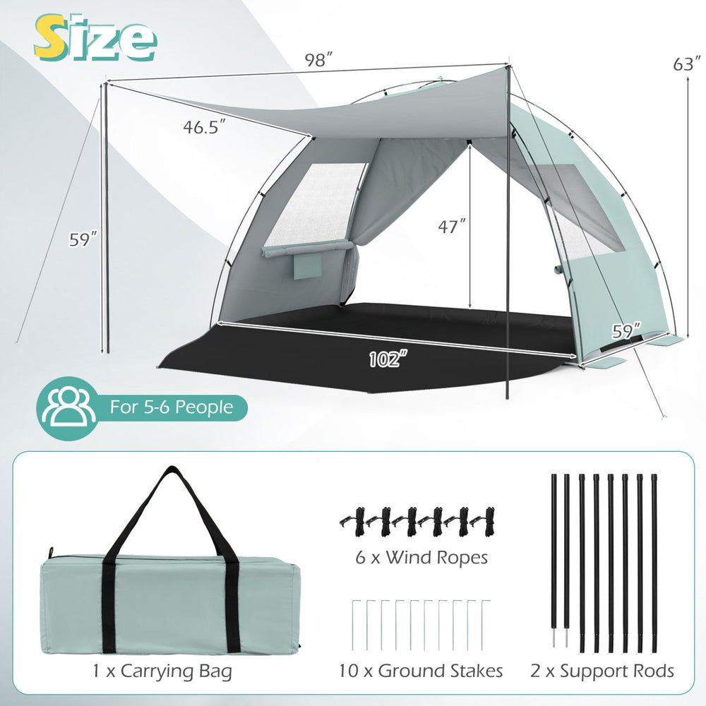 Beach tent sun shelter in green with UPF50+ protection, spacious for 5-6 people, featuring extended canopy and easy.