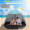 Beach tent sun shelter in blue with UPF50+ protection, spacious for 3-4 people, featuring extended floor and vent.
