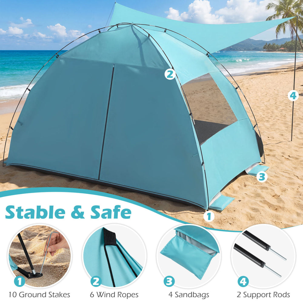 Beach tent sun shelter in blue with extended floor, UPF50+ protection, and spacious interior for 3-4 people.