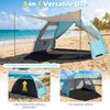 Beach tent sun shelter in blue with extended floor, UPF50+ protection, and ventilation windows for family comfort.