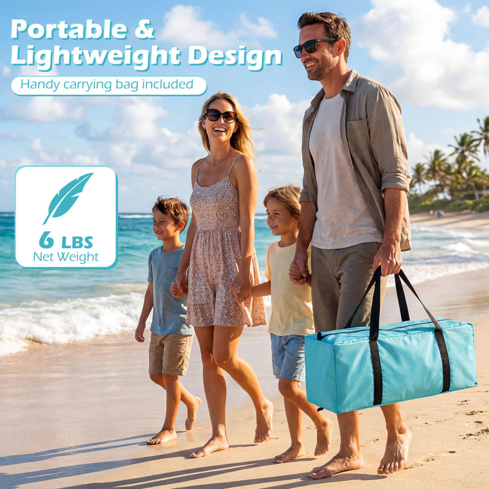 Beach tent sun shelter in blue with extended floor, spacious for 3-4 people, portable design, includes carrying bag.