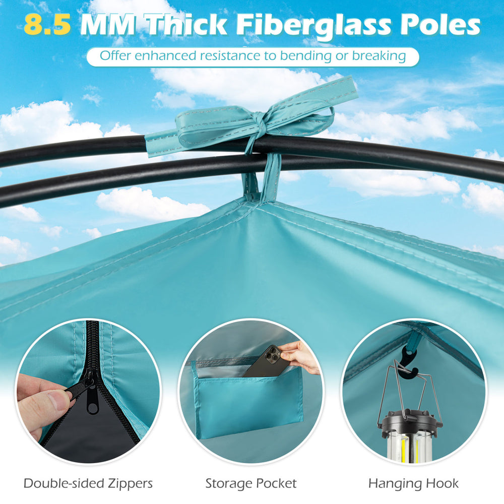 Blue beach tent sun shelter showcasing 8.5 mm fiberglass poles, double-sided zippers, and extended floor for family.