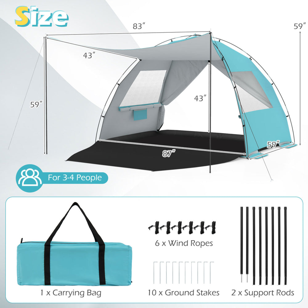 Beach tent sun shelter in blue with extended floor, UPF50+ protection, spacious for 3-4 people, includes carrying bag.