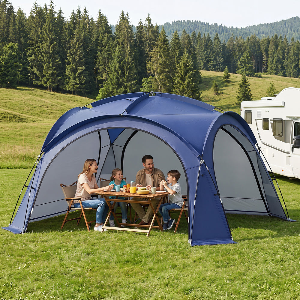Large blue beach tent for 12-15 people with removable sidewalls, providing sun protection and easy setup for outdoor gatherings.