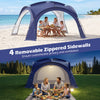 Large blue beach tent for 12-15 people with 4 removable zippered sidewalls, offering privacy and ventilation.