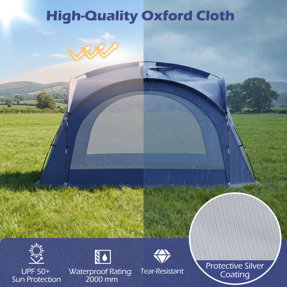 Dome canopy beach tent for 12-15 people in blue, featuring UPF 50+ protection and removable zippered sidewalls.