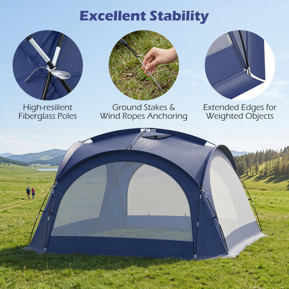 Beach tent for 12-15 people features removable zippered sidewalls, fiberglass poles, and UPF 50+ sun protection.