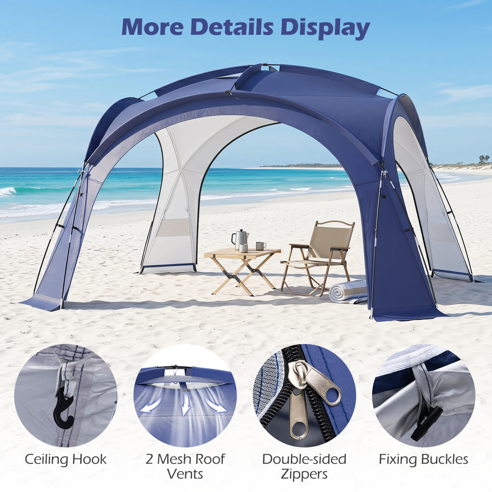 Beach tent for 12-15 people in blue with removable sidewalls, mesh vents, and easy setup for outdoor gatherings.