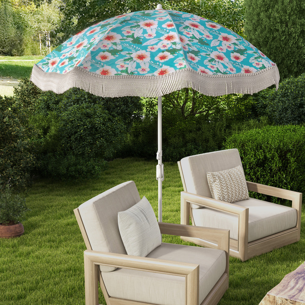 6.5 FT Beach Umbrella with Fringe Outdoor Tassel Umbrella with Push Button Tilt-Green - Gallery View 1 of 10