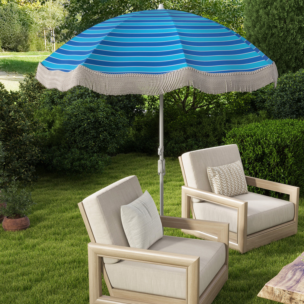 6.5 FT Beach Umbrella with Fringe Outdoor Tassel Umbrella with Push Button Tilt-Navy - Gallery View 1 of 10