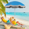 6.5 FT navy beach umbrella with fringe, adjustable tilt, and UPF 50+ protection, perfect for outdoor relaxation.