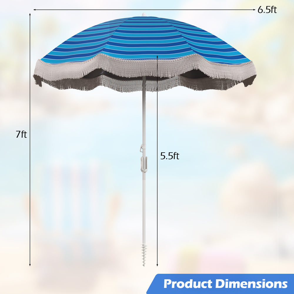 Navy 6.5 FT beach umbrella with fringe, featuring adjustable tilt and sturdy metal pole for customizable shade.