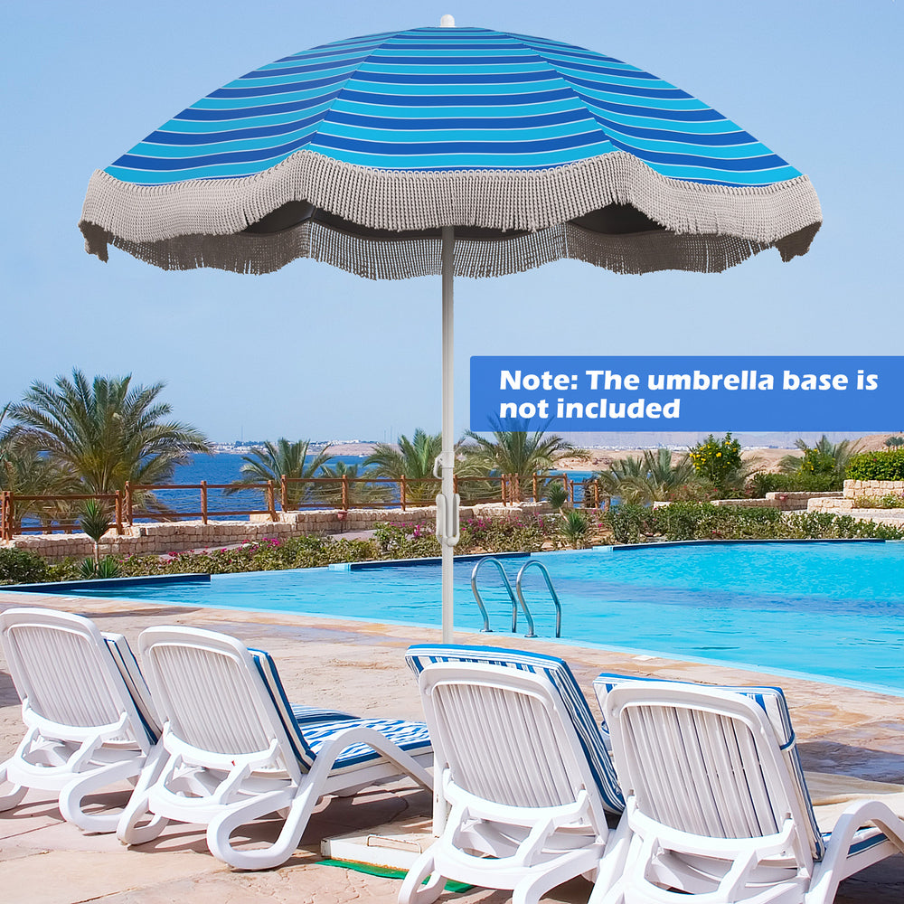 Navy 6.5 FT beach umbrella with fringe and adjustable tilt, perfect for poolside shade and outdoor relaxation.