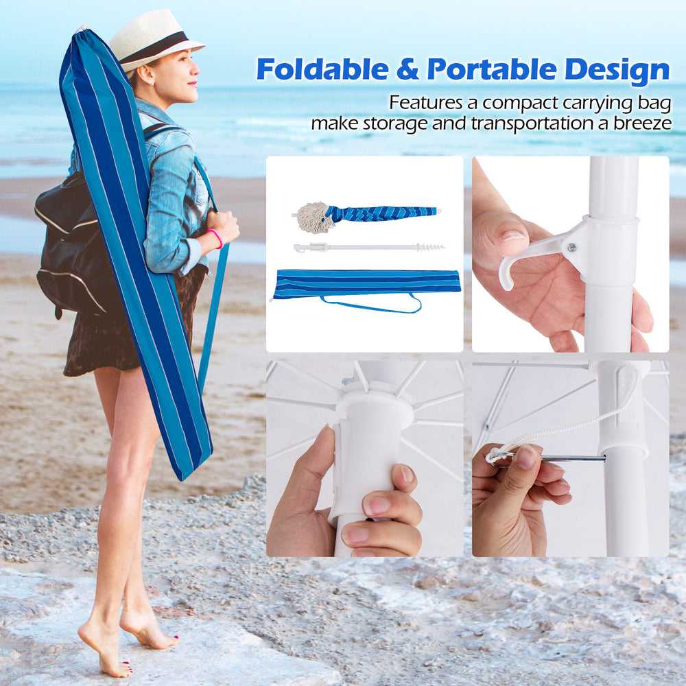 6.5 FT beach umbrella with fringe, navy color, featuring a portable design and adjustable tilt for customizable shade.