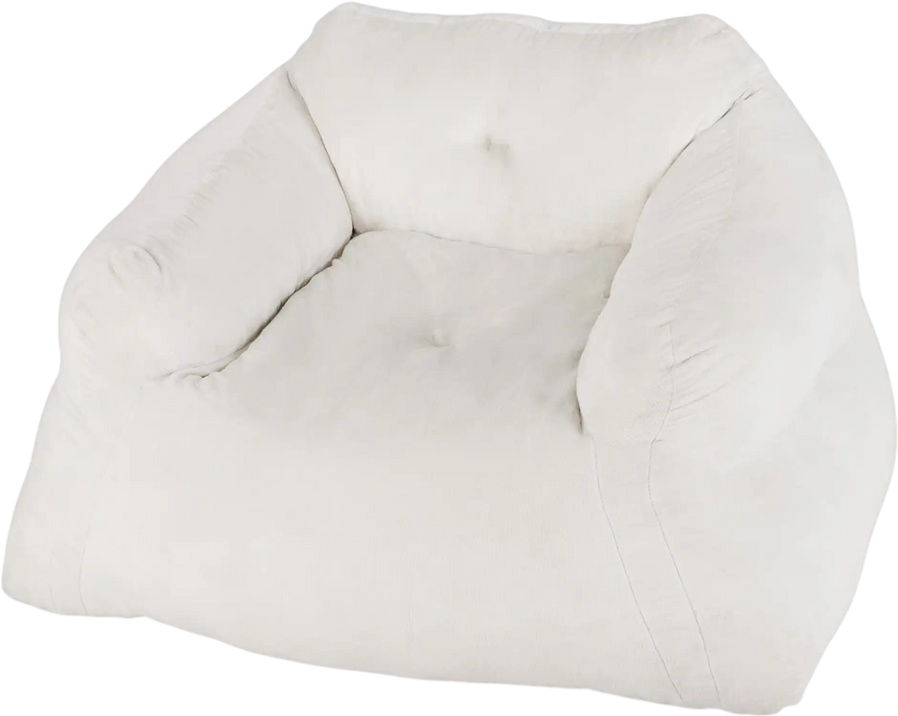 Plush beige bean bag chair with overstuffed backrest and armrests for ergonomic support, perfect for lounging and.