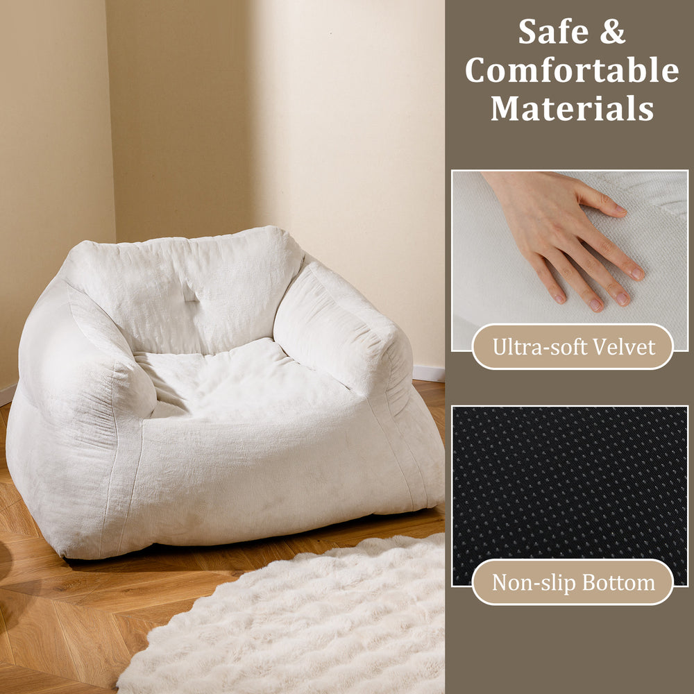 Bean bag chair in beige with ultra-soft velvet cover, featuring ergonomic support and a non-slip bottom for secure.