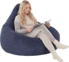 Blue bean bag chair with corduroy cover, featuring soft sponge filling, perfect for reading or relaxing in any room.