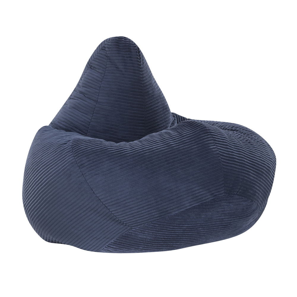 Blue bean bag chair with ergonomic shape, soft sponge filling, and corduroy cover for comfort in any room.