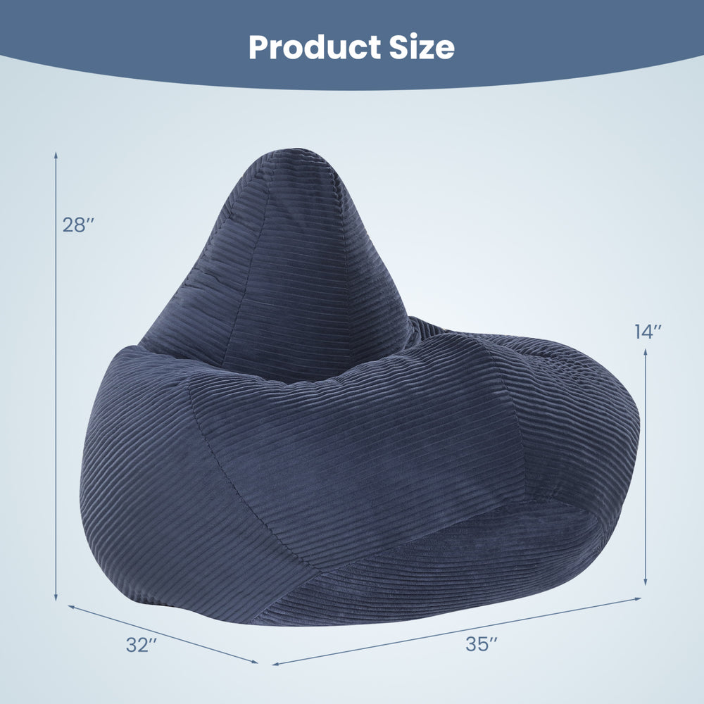 Bean bag chair in blue with ergonomic shape and corduroy cover, measuring 28” high and 35” wide for versatile comfort.