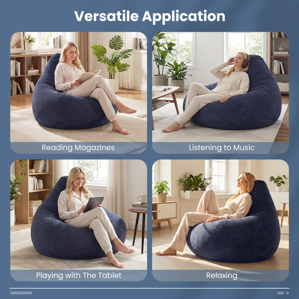 Blue bean bag chair with corduroy cover, ideal for relaxing, reading, or using a tablet in various indoor settings.