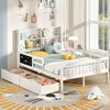 Twin/full size bed frame with bookcase and 2 storage drawers, made of solid pine wood, perfect for kids' bedrooms.