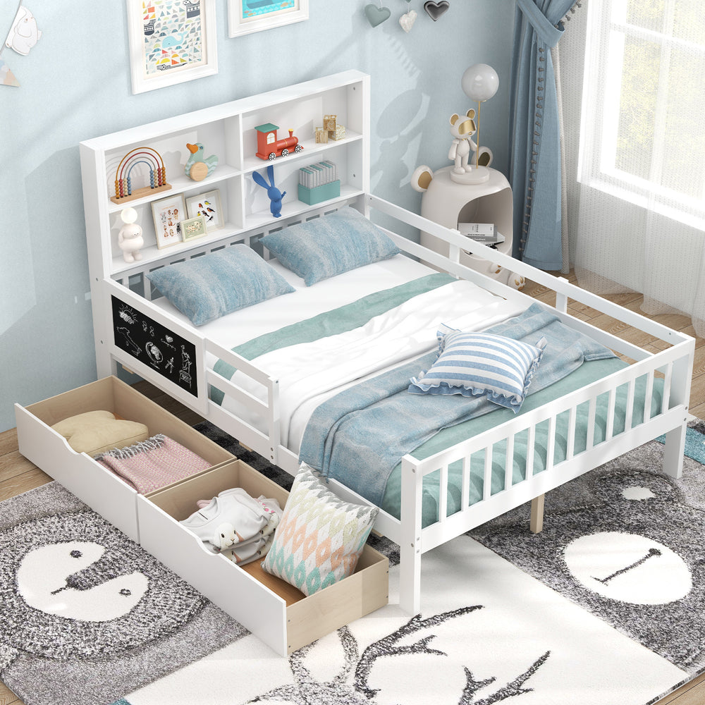 Twin/Full size bed frame with bookcase, solid pine wood, 2 drawers, and guardrails for kids' safety and storage.