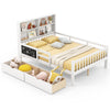 Twin/full size bed frame in white with bookcase, two drawers, and guardrails, perfect for kids' bedrooms.