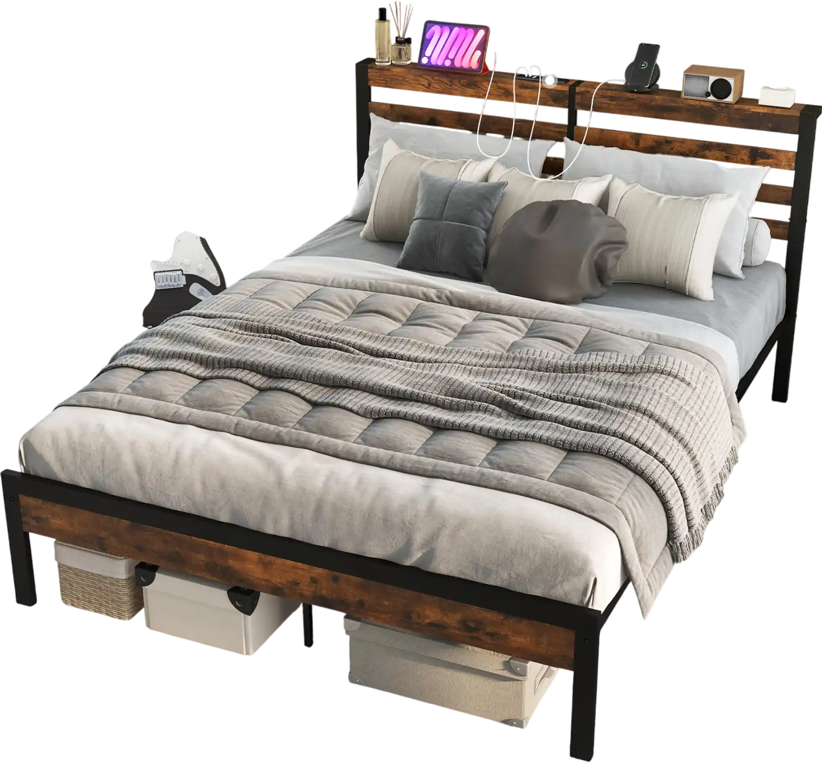 Costway Queen Bed Frame Storage Headboard Charging Station 13794682 New