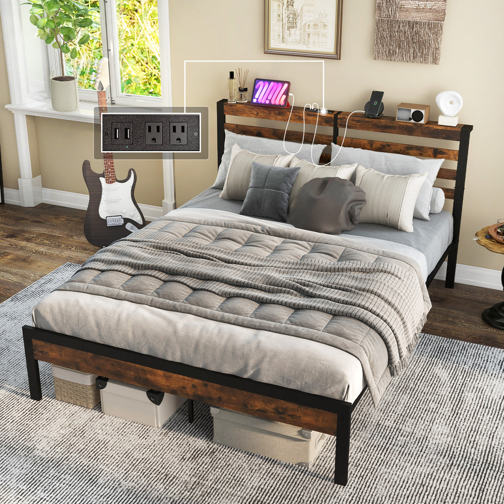 Full/Queen Size Bed Frame with Charging Station and Storage Headboard-Queen Size - Gallery View 1 of 10