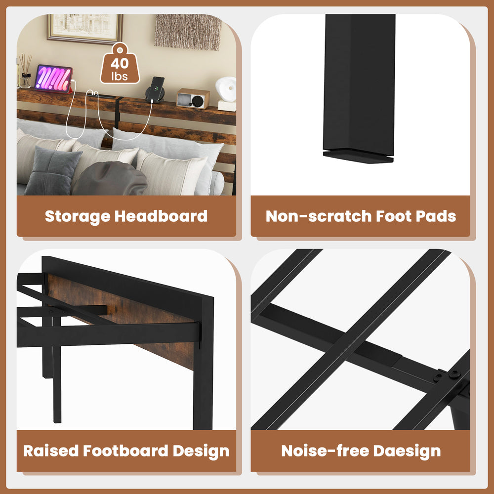 Queen size bed frame featuring a storage headboard, built-in charging station, and robust metal legs for reliable.