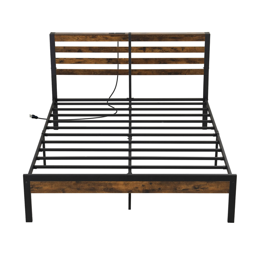 Full/Queen size bed frame with storage headboard and built-in charging station, featuring robust metal slats for.