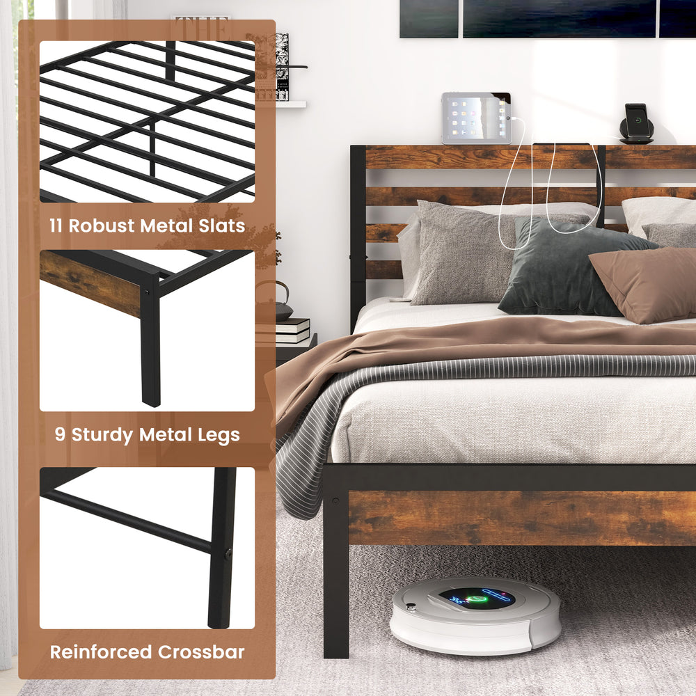 Full/Queen size bed frame with storage headboard, metal slats, and charging station, perfect for organized bedrooms.