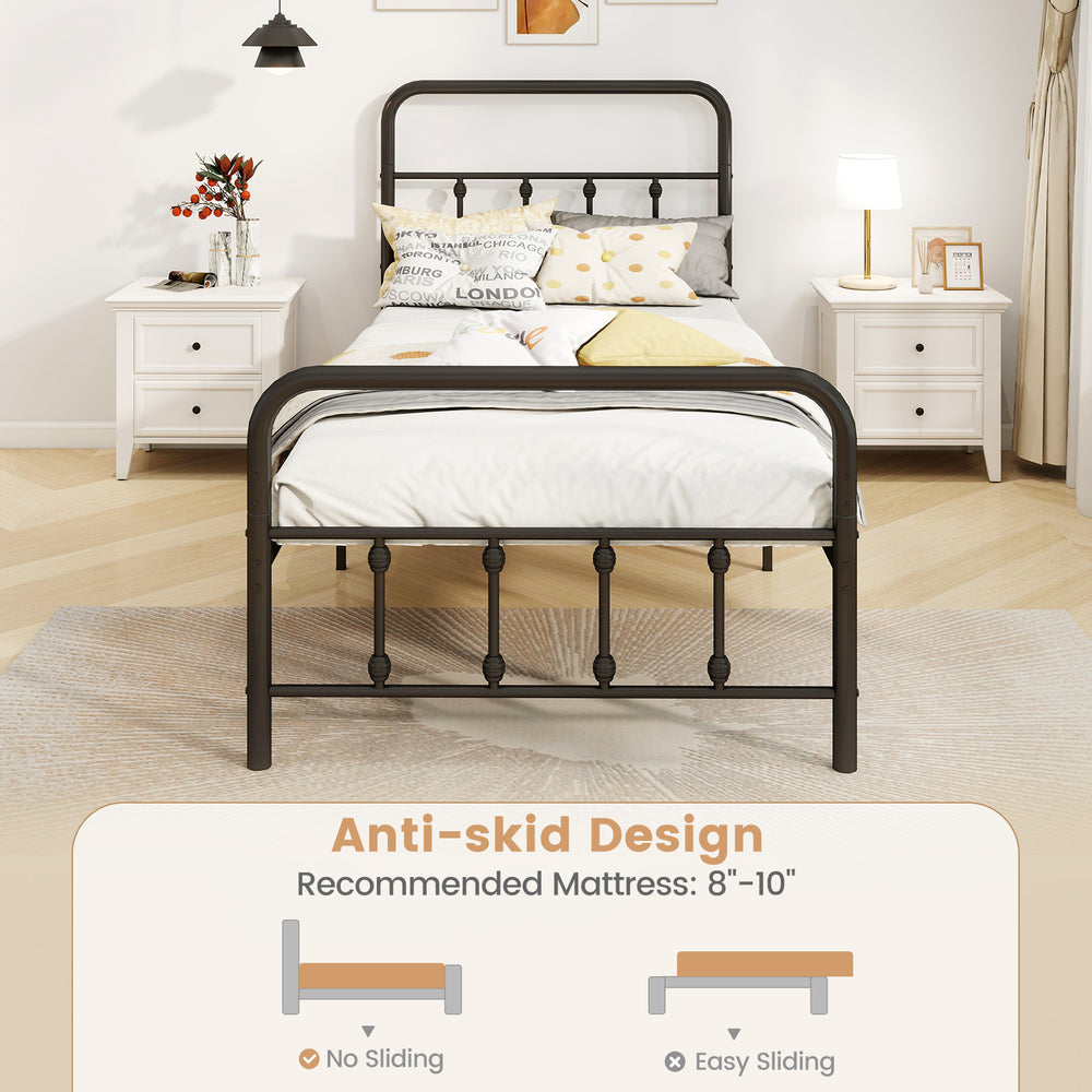 Twin size black bed frame with headboard, featuring under bed storage and anti-skid design for mattress stability.