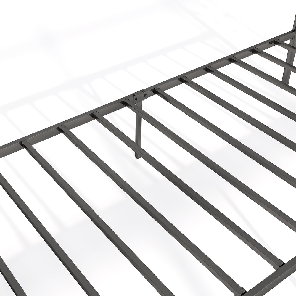 Close-up of the black twin bed frame's metal slats, featuring a sturdy design for reliable support and under bed.