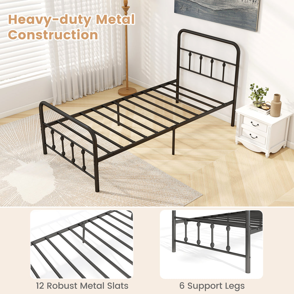 Twin size black bed frame with headboard, heavy-duty metal construction, 12 robust slats, and under bed storage space.