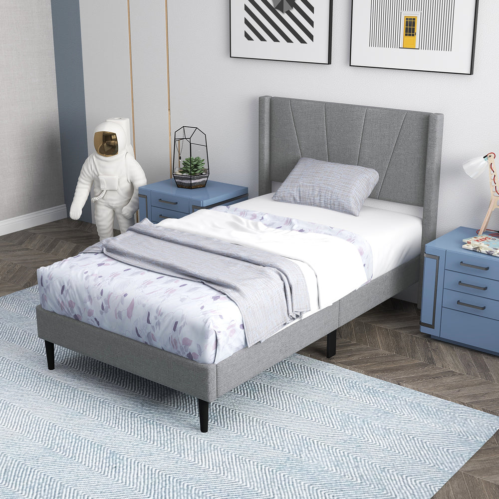 Twin bed frame with linen upholstered wingback headboard, featuring sturdy construction and elegant quilting for.