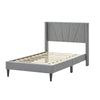 Twin bed frame with linen upholstered wingback headboard, sturdy wood legs, and 10 plywood slats for mattress support.