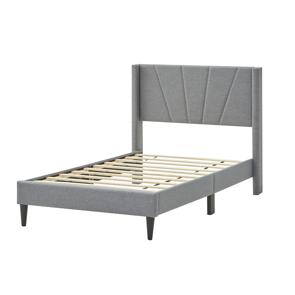 Twin bed frame with linen upholstered wingback headboard, sturdy wood legs, and 10 plywood slats for mattress support.
