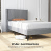 Twin/Queen bed frame with linen upholstered wingback headboard and 6" under-bed clearance for storage and cleaning.