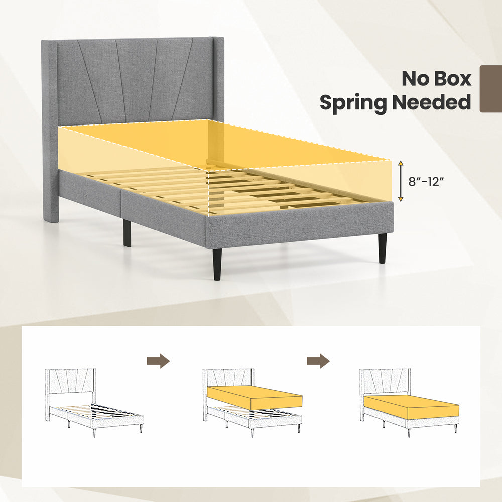 Twin bed frame with linen upholstered wingback headboard, sturdy wood legs, and no box spring needed for 8"-12".