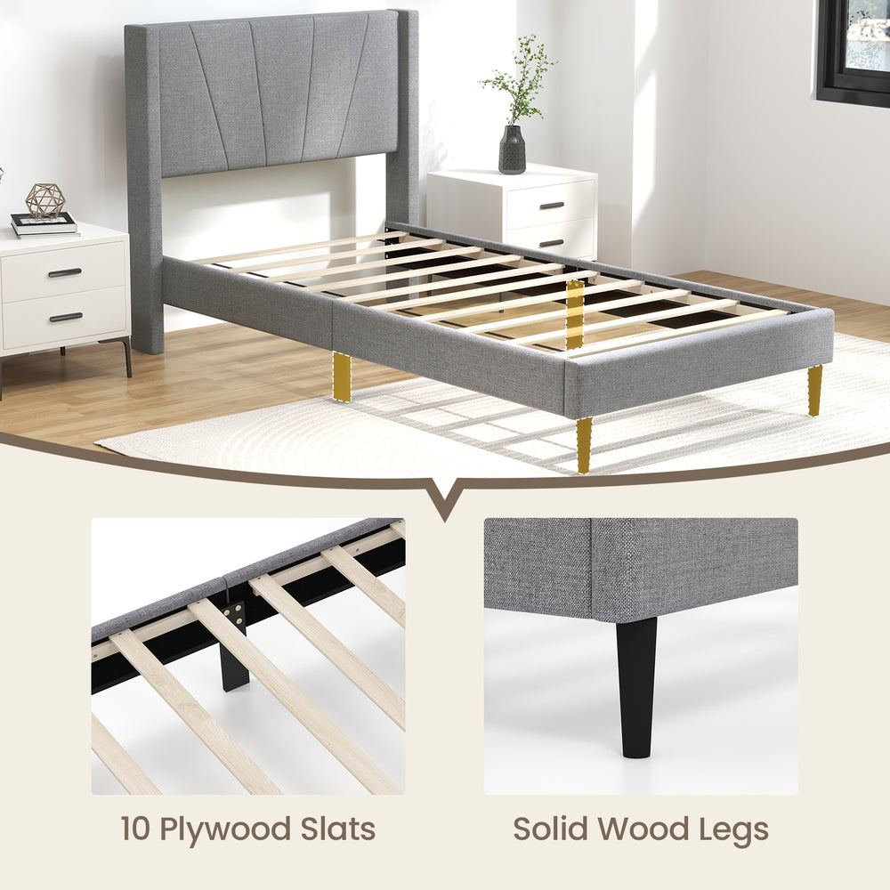 Twin bed frame with linen upholstered wingback headboard, featuring solid wood legs and 10 plywood slats for support.